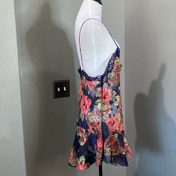 Vintage Gold Label Victorias Secret Floral Mini Nightie Blue Lace Rosette - Picture 7 of 12